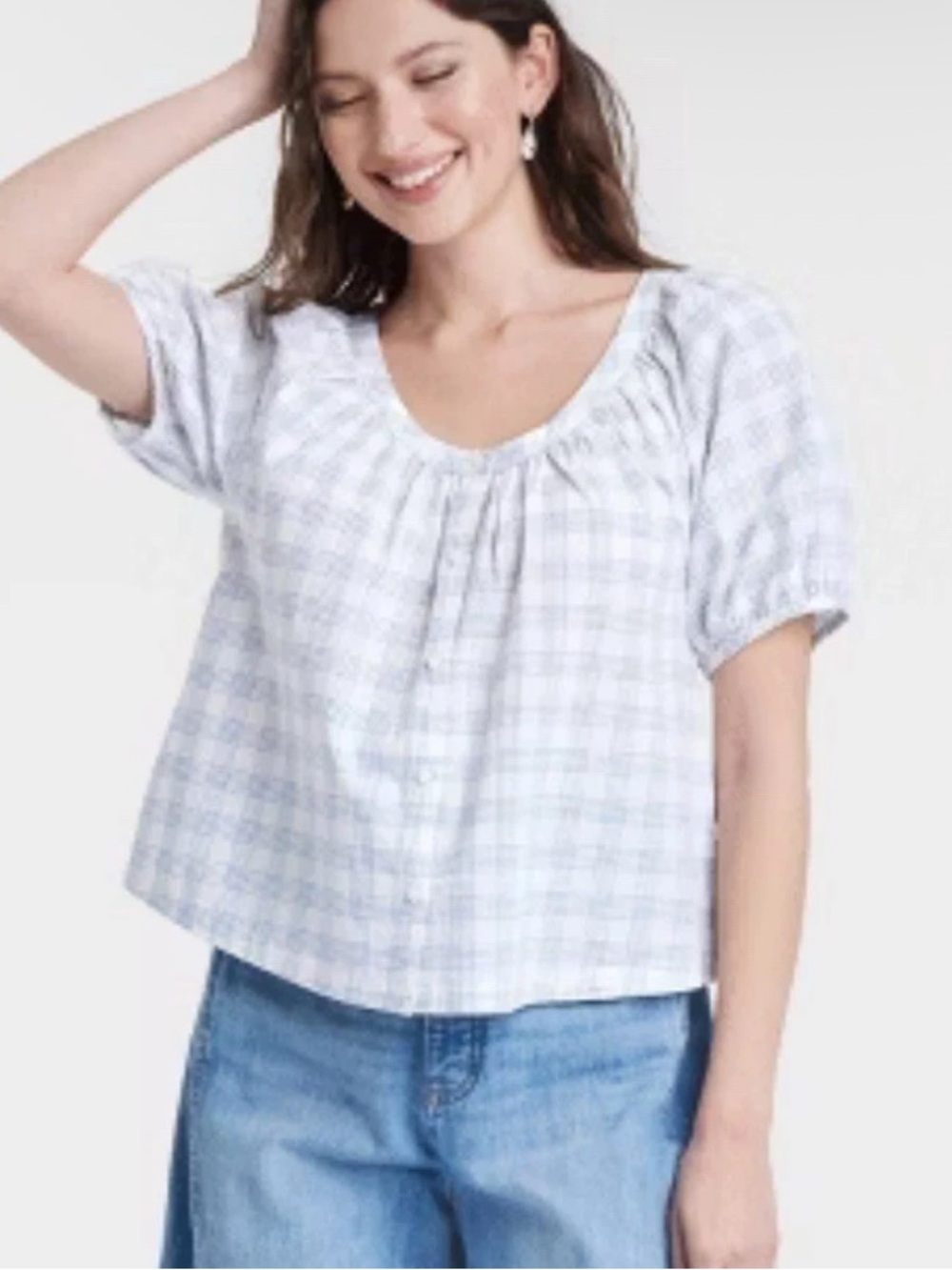 Universal Thread Light Blue Plaid Scoop Neck Short Sleeve Blouse